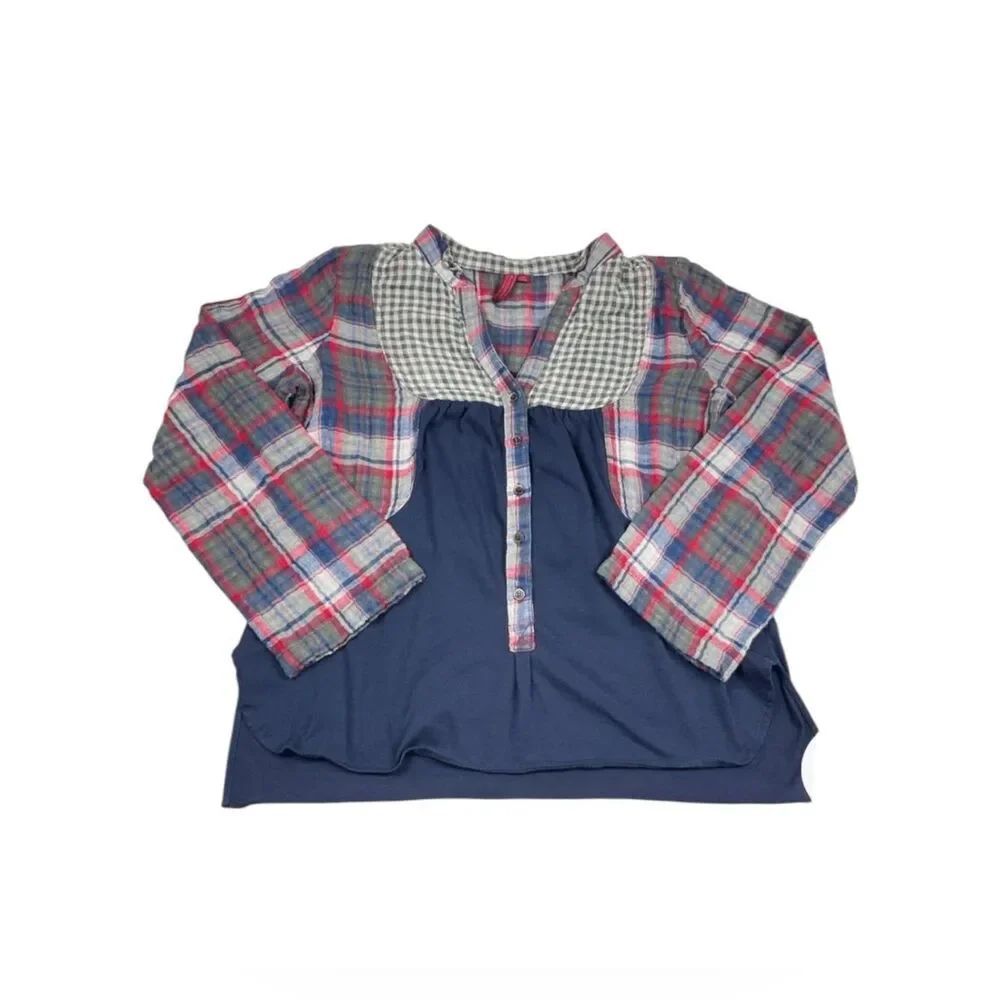 Anthropologie One September Henley Shirt Plaid Long Sleeve Boho Top Size MEDIUM